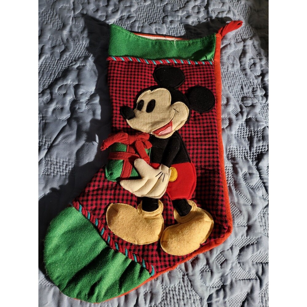 DISNEY MICKEY MOUSE WITH GIFT 3-D CHRISTMAS FELT STOCKING VINTAGE SEWN SANTA 90s